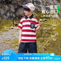ASK junior 男童运动套装夏季薄款儿童条纹POLO衫短裤跑步两件套 红色 150