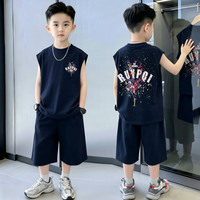 开米熊 男童套装2026夏装新款儿童男孩洋帅气休闲背心短裤子两件套衣服潮 藏青色 140 码建议身高1