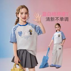 ASK junior 儿童短袖T恤2026夏季中大童格纹撞色圆领打底衫女童体恤上衣