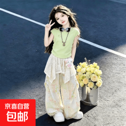 京喜 初夏巨好看套装女童2026新款大童女孩洋气短袖儿童多巴胺夏装裤子 蓝色套装送卡通玩偶
