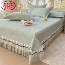 浪莎 床裙款三件套夏季家用可机洗空调席 爱心蝴蝶结-抹茶绿 220x240cm-单凉席