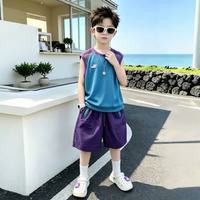 开米熊 男童套装夏季薄款2026新款儿童夏装背心速干中大童夏款衣服帅气潮 紫色 150 码建议身高145cm左右