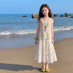 兜兜王国 女童夏套装2026新款女大童洋气时髦沙滩裙儿童夏季波西亚风连衣裙 米色 150