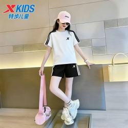 特步 女童短袖套装夏季薄款速干运动两件套中大童时尚百搭衣服女孩夏装 珍珠白