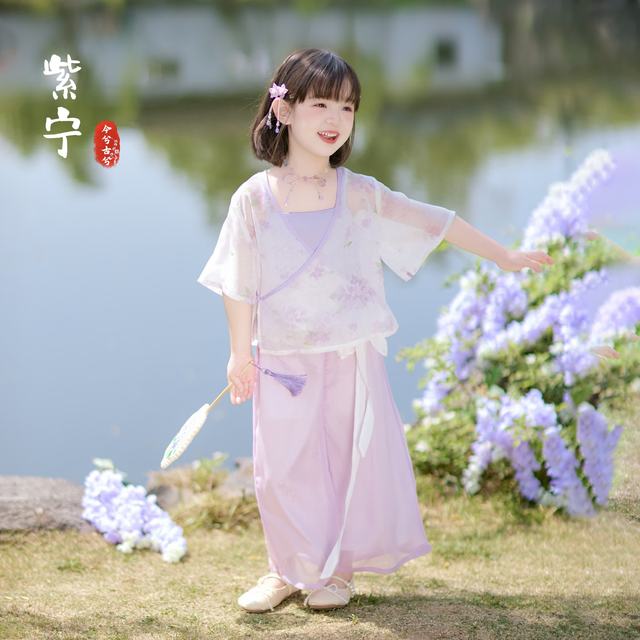 今兮古兮 汉服女童套装2026年夏季新款洋气童装儿童女孩新中式唐装 柔紫款