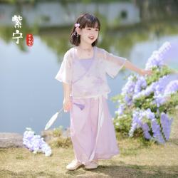 今兮古兮 汉服女童套装2026年夏季新款洋气童装儿童女孩新中式唐装 柔紫款