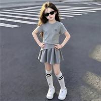 舟喜（ZHOUXI）女童2026新款夏套装超火大童女装夏季今年流行爆款儿童短袖短裙子 灰色  160 cm