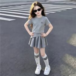 舟喜（ZHOUXI）女童2026新款夏套装超火大童女装夏季今年流行爆款儿童短袖短裙子 灰色  160 cm
