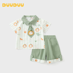DUUDUU 男童夏装儿童纯棉衬衫套装宝宝短袖短裤休闲外出服绿色;80