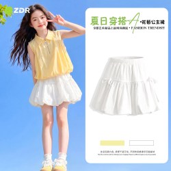 艾卡诺 女童夏装套装新款儿童夏季花苞裙子好看初中生大童多巴胺衣服黄色 6341白色花苞裙 170