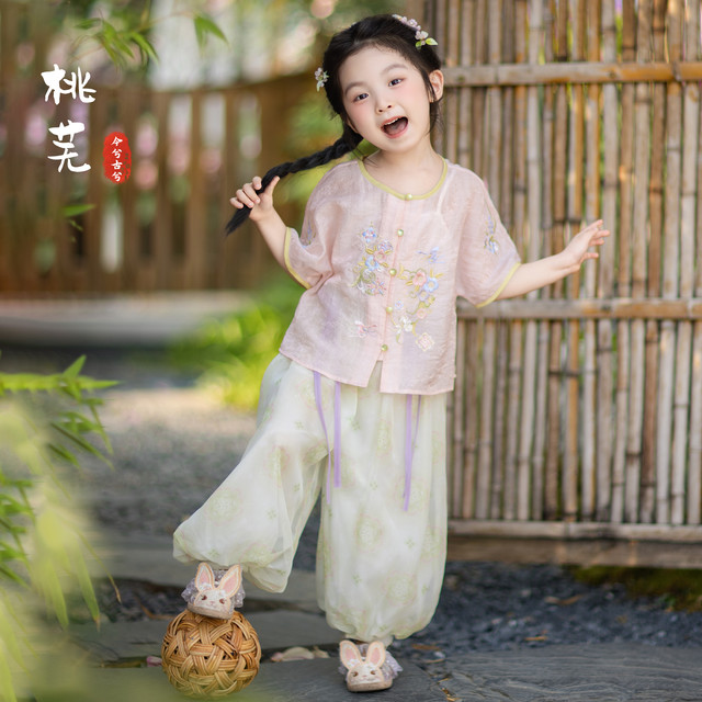 今兮古兮 汉服女童2026夏季新款童装中国风三件套新中式儿童古风套装 粉款