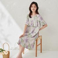 顶瓜瓜 100%棉女士睡裙夏季褶皱花边防走光裙