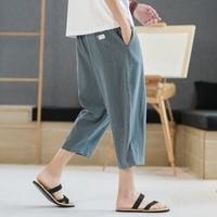 月伊纺 中国风棉麻短裤男士宽松大码夏季休闲裤青年100%纯棉直筒七分裤