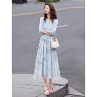 苏醒的乐园 26夏季时尚气质拼接短袖连衣裙甜美显瘦设计感长裙 蓝色 L