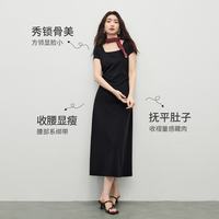 尚都比拉 方领收褶系绑带  飞飞袖针织A字连衣裙 黑色 L