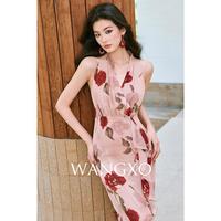 WANGXO 女士挂脖V领修身显瘦螺丝边印花中长款雪纺连衣裙