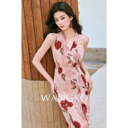 WANGXO 女士挂脖V领修身显瘦螺丝边印花中长款雪纺连衣裙