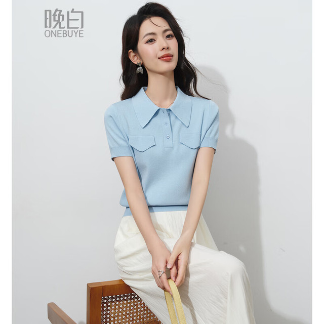 PLUS会员：晚白 蓝色polo翻领冰丝短袖针织衫女2026夏季新款休闲正肩显瘦上衣 蓝色