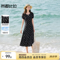 尚都比拉 法式碎花连衣裙女夏季度假氛围感茶歇裙镂空圆领A字裙 黑底花色 L