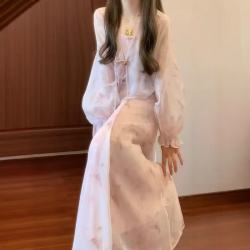 纳琳雅 Nalinya穿搭套装女大码胖mm新中式开衫吊带半身裙粉色连衣裙子 三件套装 M (建议80-100斤)