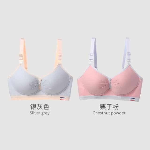 ROVO 双开扣哺乳文胸无钢圈孕妇内衣聚拢防止下垂喂奶怀孕期文胸罩 银灰色+栗子粉 34/75