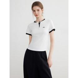 ELLE 修身短款女式T恤2026年春季新款都市休闲风亨利领短袖上衣女
