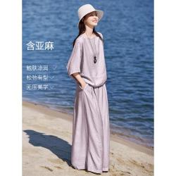 沫晗依美 2026夏圆领含亚麻肌理蝙蝠袖上衣阔腿裤套装