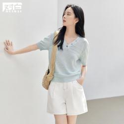 DUIBAI 夏装简约肌理感V领薄款女式针织衫气质百搭显瘦短袖上衣