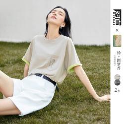 DUIBAI 夏装撞色翻边袖口刺绣女式短袖T恤