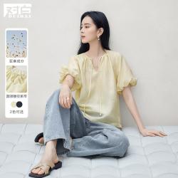 DUIBAI 2025夏装法式温柔花苞袖系带V领独特漂亮含亚麻小衫女式衬衫