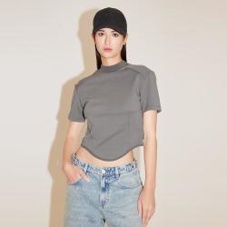 MISS SIXTY 夏款短袖T恤半高圆领鱼骨拼接纯色短款显瘦女士