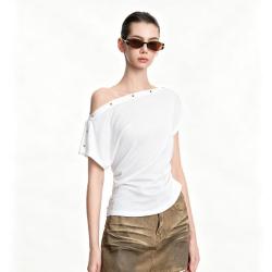 DKNY 夏季金属铆钉一字领短袖T恤女褶皱收腰显瘦时尚休闲微弹舒适上衣
