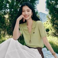 诗凡黎 多领型彩点花纱薄款针织短袖夏新款显瘦上衣