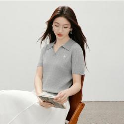 红袖 女装复古绞花船帆刺绣撞色短袖POLO翻领针织衫