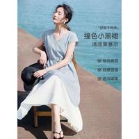 XWI 欣未 26夏新V领短袖肌理面料拼接大摆裙文艺通勤连衣裙