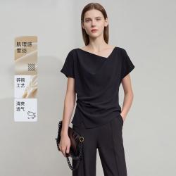 AMII 2026法式优雅荡领连袖雪纺衫女夏季短袖不对称开叉白色上衣