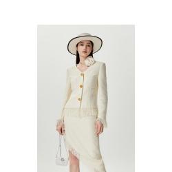 欧时力 春装 V领小香风外套女流苏设计感气质通勤