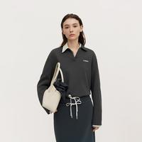 欧时力 春装 绣花高级100%棉Polo领长袖t恤女