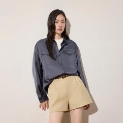 欧时力 夏装 垂感高级时尚仿醋酸中长宽松衬衫女