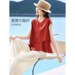 沫晗依美 26夏款度假圆领拼接阔腿裤套装