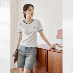DUIBAI 正肩圆领撞色拼接刺绣 女士短袖T恤