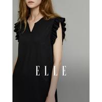 ELLE V领刺绣荷叶边小黑裙女2026年夏新款精致优雅无袖T恤连衣裙