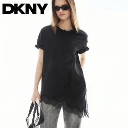 DKNY 26夏季新款女式T恤下摆蕾丝拼接长款短袖t恤女