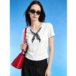 DKNY 独特丝巾领夏季短袖T恤女弹力修身休闲时尚短款上衣