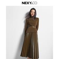 NEXY.CO 秋季百搭百褶裙针织圆领法式连衣裙