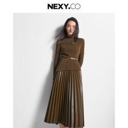 NEXY.CO 秋季百搭百褶裙针织圆领法式连衣裙