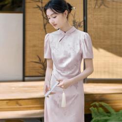 香影 女士改良旗袍新中式连衣裙长裙 掐腰缎面国风暗纹提花裙子