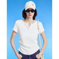 DKNY 时尚褶皱弹力修身夏季短袖T恤休闲潮流显瘦百搭洋气小个短款上衣