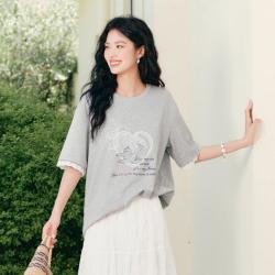 伊芙丽 拼接蕾丝重工绣花猫咪设计感T恤夏通勤上衣女