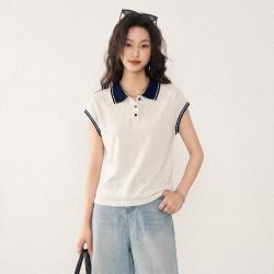 秋水伊人 夏日清爽感！撞色Polo领宽松透气针织T恤